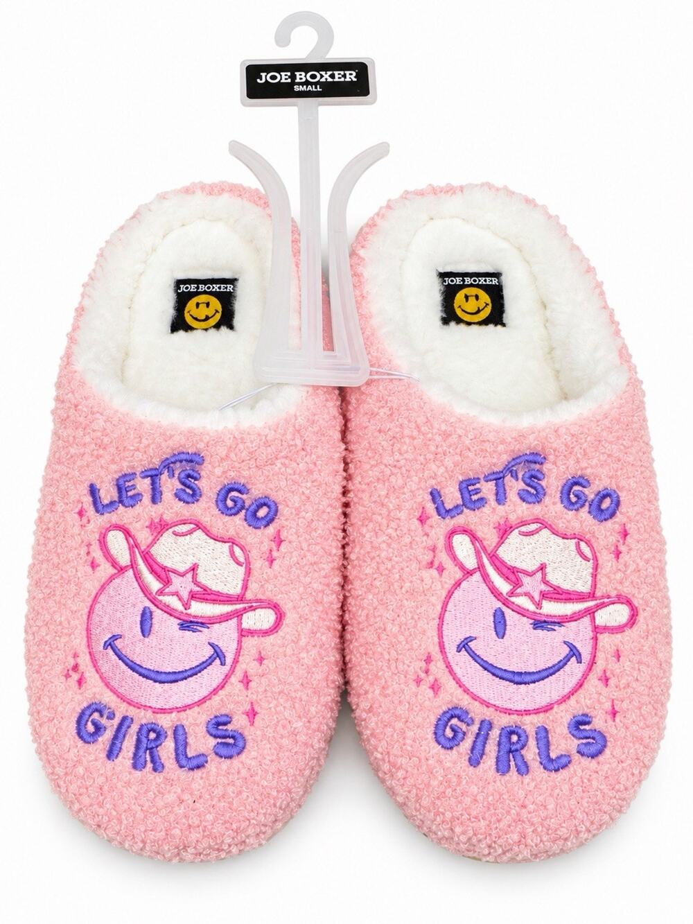 Joe Boxer Women’s Small Pink Fuzzy Slippers Let’s Go Girls Cowboy Smiley NWT